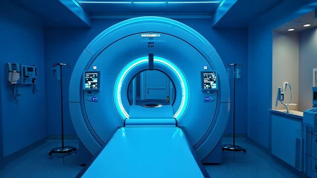 Advanced medical imaging room featuring a modern MRI machine in a blue lit environment, ready for patient use