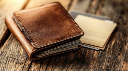 Obraz premium Stylish Brown Leather Wallet with Credit Cards on Wooden Surface