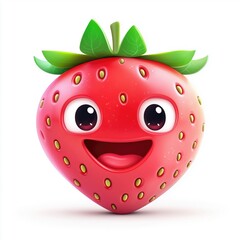 Obraz premium Cartoon strawberry character with expressive face and green leaves