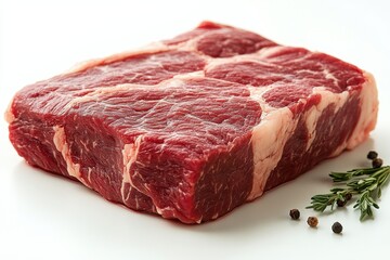 Obraz premium Fresh raw beef cut with visible marbling and herbs on a clean white background ready for preparation