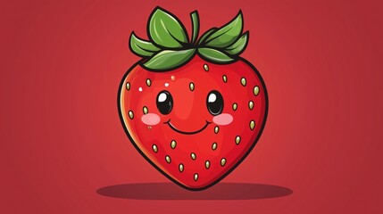 Obraz premium Smiling cartoon strawberry with green leaves on red background