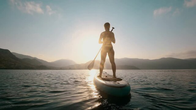 Woman silhouette on Water, Sup board, paddle boarding in slow motion