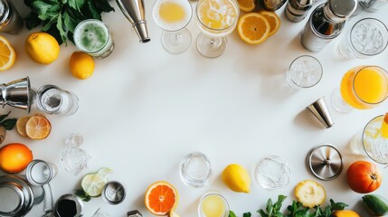 Alcohol consumption at a chic minimalist cocktail workshop with mixology tools and ingredients. Featuring creativity and refinement