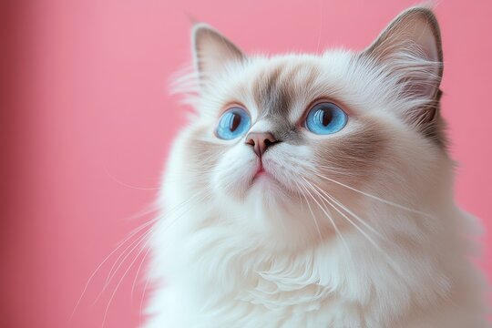 Fluffy cat with striking blue eyes gazing curiously against a soft pink background in a cozy indoor setting