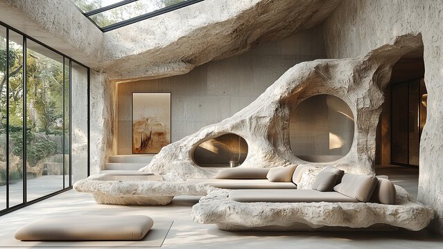 a modern interior seamlessly blending natural rock formations with minimalist design, featuring a sculptural stone-inspired sofa integrated into the architecture, large glass windows allow natural lig