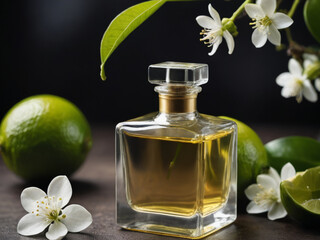 Close-Up of Lime Tree Branch with Flowers and Perfume Bottle – Branding Mockup