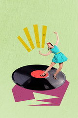 Vertical sketch 3d artwork collage poster of happy pinup girl wear dotted dress stand vinyl disk...
