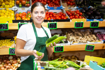 Portrait of a hardworking young saleswoman working in a vegetable store near the counter