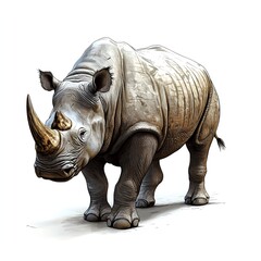 Obraz premium Majestic Rhino: A grayscale portrait of a powerful rhino, standing tall against a stark white background.