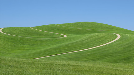 Obraz premium Winding paths across green hills under a clear sky; landscape photography for travel brochures