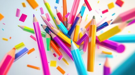 Fototapeta premium Vibrant 3D school supply arrangement with gel pens, sticky tabs, and sharpened colored pencils on a clean white background