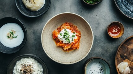 Flat Lay of Probiotic Meal with Kimchi and Various Accompaniments