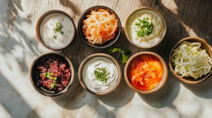 Assorted Probiotic Foods on Rustic Wooden Table with Fresh Herbs