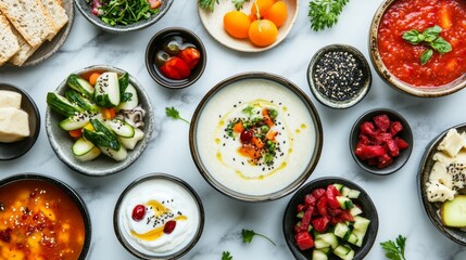 Flat Lay of Probiotic Foods Including Miso, Soup and Kimchi
