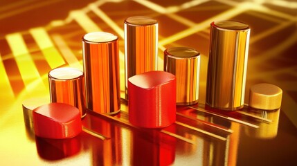 Abstract representation of financial growth with golden and red cylindrical bars on a reflective surface