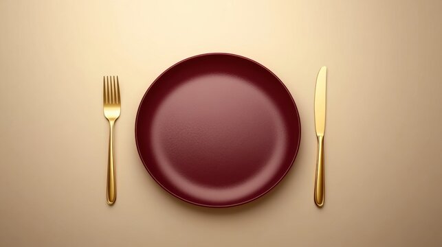Elegant setting with gold cutlery and burgundy plate arranged on a minimalist background for a fine dining experience
