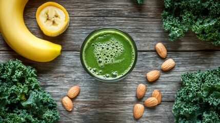 Fresh Green Smoothie with Banana and Almonds on Wooden Surface