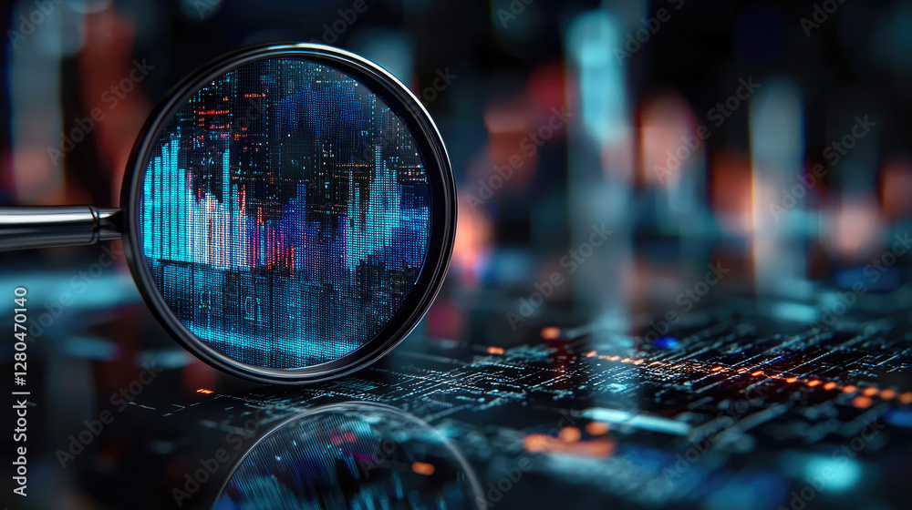 Poster Digital and internet marketing analytics. Statistics data of market and customer research. Magnifying circle chart and graph.