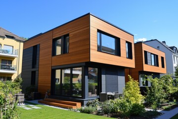 Fototapeta premium A modern wooden house with large windows, surrounded by greenery and a well-maintained lawn, showcasing contemporary architecture and design.