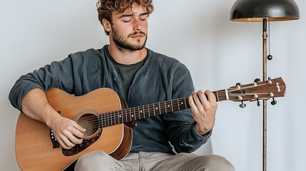Fototapeta premium Man playing acoustic guitar, indoor, casual setting. Possible stock photo use