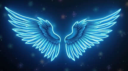 Glowing Blue Angel Wings with Feather Outlines