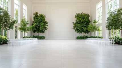 Bright hall, plants, chairs, event venue