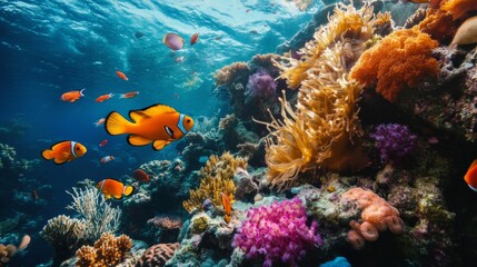 Fototapeta premium Vibrant Coral Reef with Colorful Fish Underwater Scene