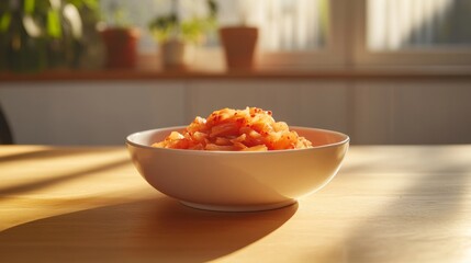 Close-Up Shot of Kimchi in a Bowl with Bright Natural Light