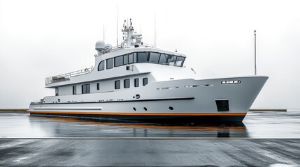 Naklejka premium Modern transport boat docked and isolated in a tranquil harbor setting
