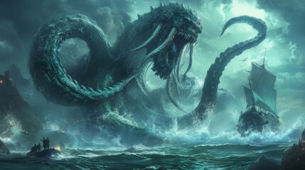Fototapeta premium A Gigantic Green Kraken Attacks Wooden Ships During a Stormy Night