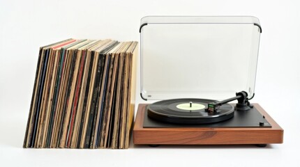 Vintage Vinyl Records Stacked Beside a Record Player