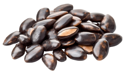A handful of watermelon seeds with a mix of dark brown and light tan hues, isolated on a transparent background. The seeds are irregularly shaped and vary slightly in size