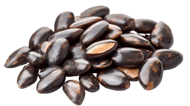 A handful of watermelon seeds with a mix of dark brown and light tan hues, isolated on a transparent background. The seeds are irregularly shaped and vary slightly in size