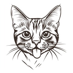 Obraz premium A playful cat's face, tongue out, looking straight ahead. A striking black and white line art illustration.