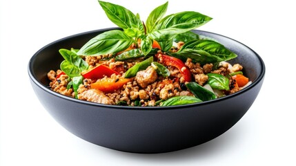 Professional image of Thai basil stir-fry with minced pork (Pad Kra Pao) with a seamless white background, perfect for branding, packaging, and advertising