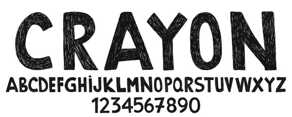 Crayon Drawn Bold Alphabet Capital Letters and Numbers. Creative font with hand draw pencil, crayon texture. Grunge alphabet lettrers with crayon, chalk texture