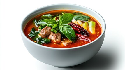 Professional image of Thai spicy pork soup (Tom Saap) with a seamless white background, perfect for branding, packaging, and advertising