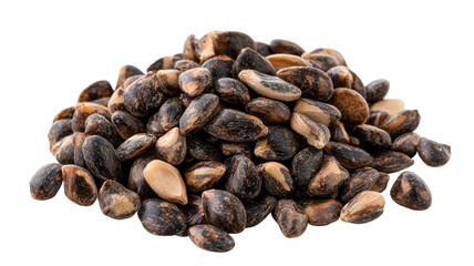 Obraz premium A handful of watermelon seeds with a mix of dark brown and light tan hues, isolated on a transparent background. The seeds are irregularly shaped and vary slightly in size.