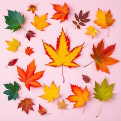 Autumn leaves, vibrant colors, maple leaves, yellow, red, green, orange foliage, pink background