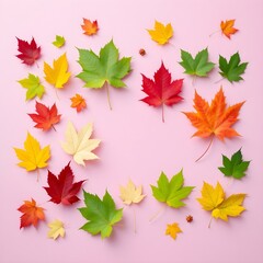 Fototapeta premium Autumn leaves, vibrant colors, maple leaves, yellow, red, green, orange foliage, pink background