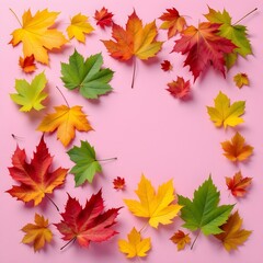 Fototapeta premium Autumn leaves, vibrant colors, maple leaves, yellow, red, green, orange foliage, pink background