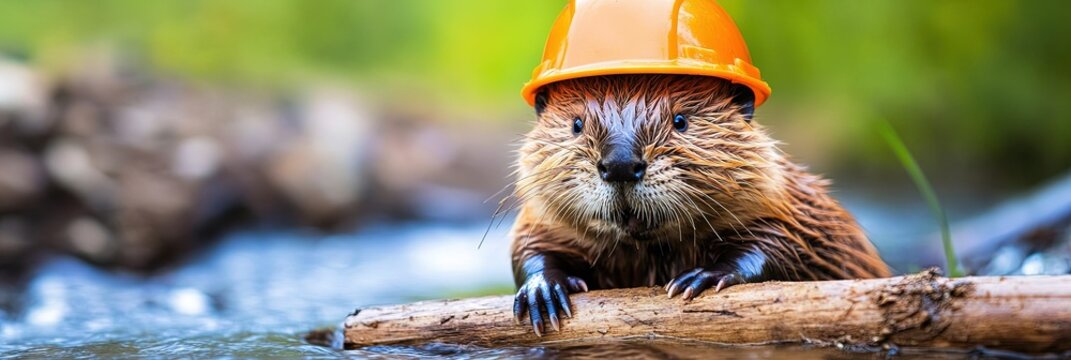 beaver wearing construction hat, building hoover dam in river