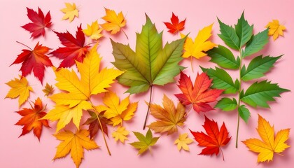 Autumn leaves, vibrant colors, maple leaves, yellow, red, green, orange foliage, pink background