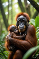 Fototapeta premium The orangutan is a large, intelligent ape native to the rainforests of Southeast Asia, particularly found in Borneo and Sumatra. Known for their reddish-brown fur and long, strong arms, orangutans 