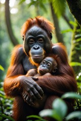 Fototapeta premium The orangutan is a large, intelligent ape native to the rainforests of Southeast Asia, particularly found in Borneo and Sumatra. Known for their reddish-brown fur and long, strong arms, orangutans 