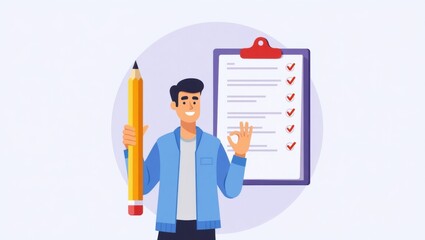 Successful Task Completion: Man with Checklist and Pencil Illustration