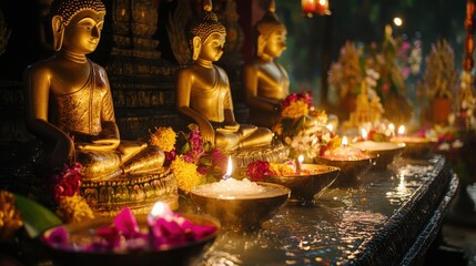 Fototapeta premium A traditional Songkran altar with Buddha statues,
