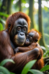 Fototapeta premium The orangutan is a large, intelligent ape native to the rainforests of Southeast Asia, particularly found in Borneo and Sumatra. Known for their reddish-brown fur and long, strong arms, orangutans 