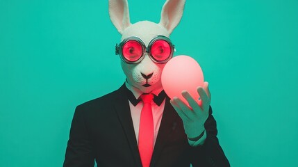 A whimsical figure in a rabbit mask, wearing glasses and a suit, holds a glowing orb against a vibrant turquoise background.