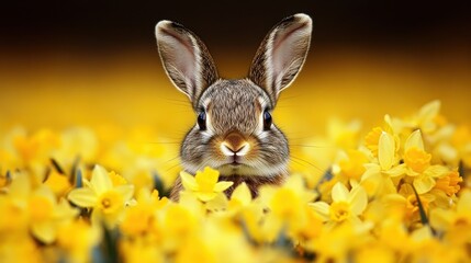 Fototapeta premium A cute rabbit peeks through a vibrant field of yellow flowers, creating a cheerful and picturesque spring scene.